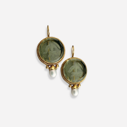 Ava™ | Vintage Green Stone and Pearl Earrings for Women