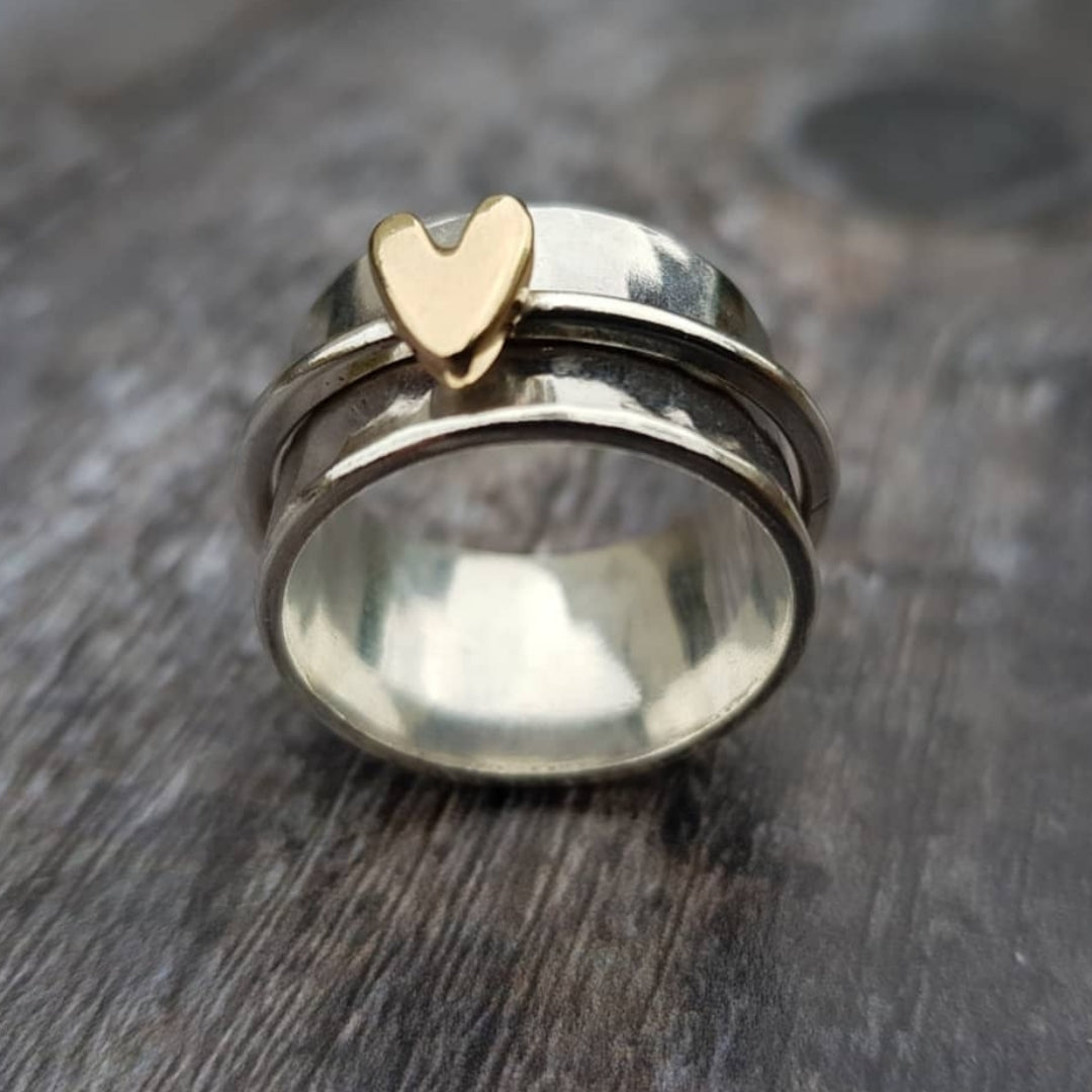 Lena™ | Vintage Silver Ring for Women with Gold Heart