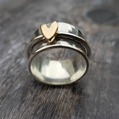 Lena™ | Vintage Silver Ring for Women with Gold Heart